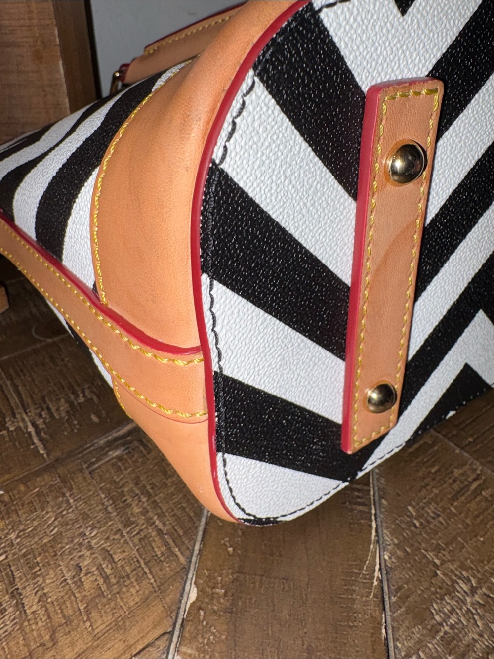 Dooney & Bourke Black and White Chevron Satchel with Tan Trim - Picture 7 of 12